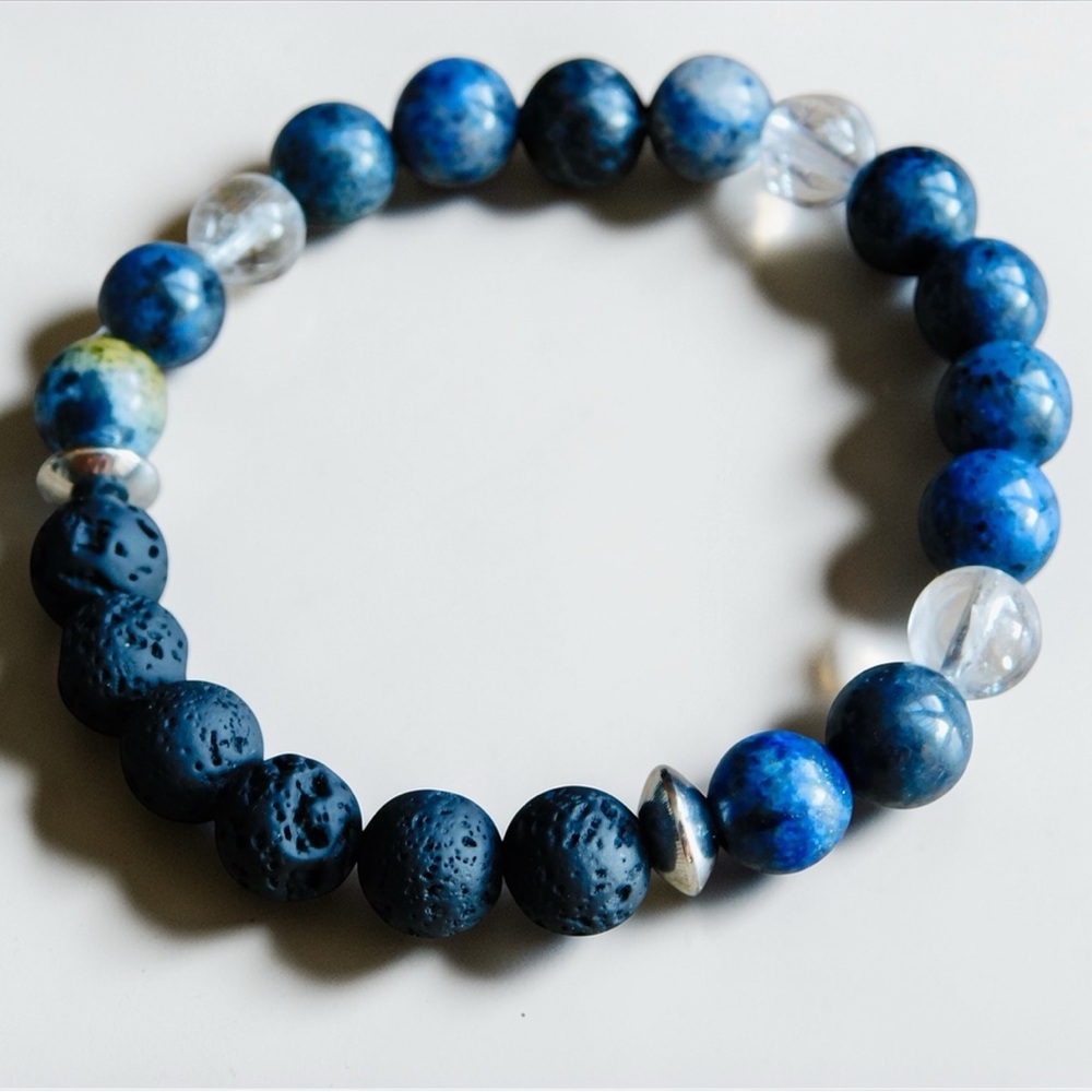 Tranquility + Cleansing Crystal Bead Bracelet Blue Dumortierite Black Lava